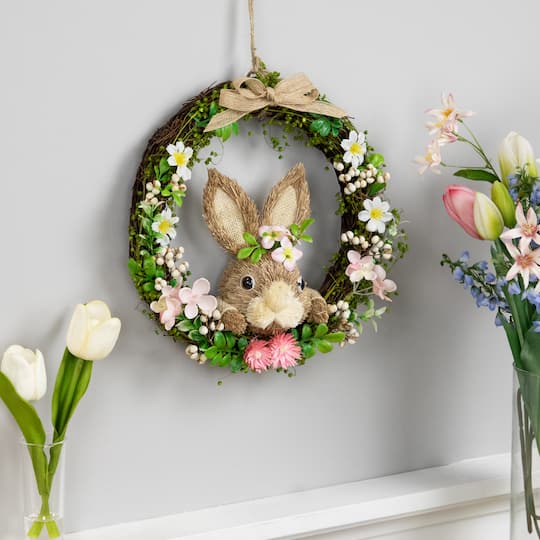 11" Green & Pink Floral Wreath with Peering Rabbit